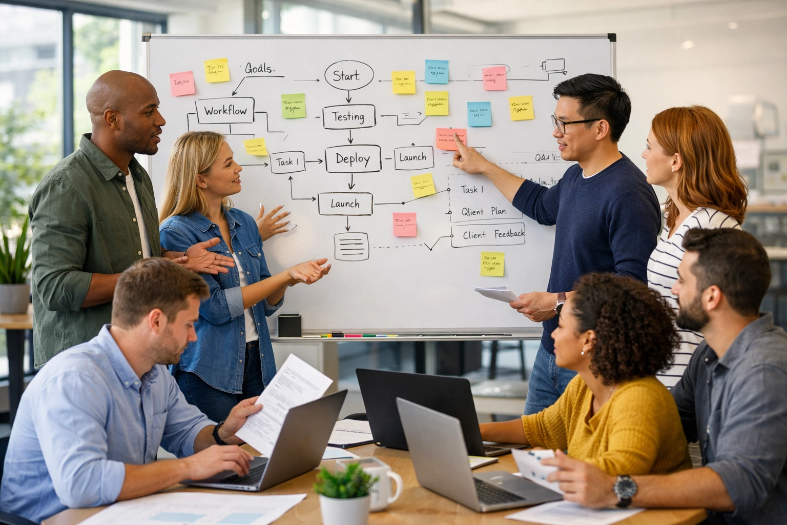 ServiceNow implementation team mapping workflows and processes on whiteboard
