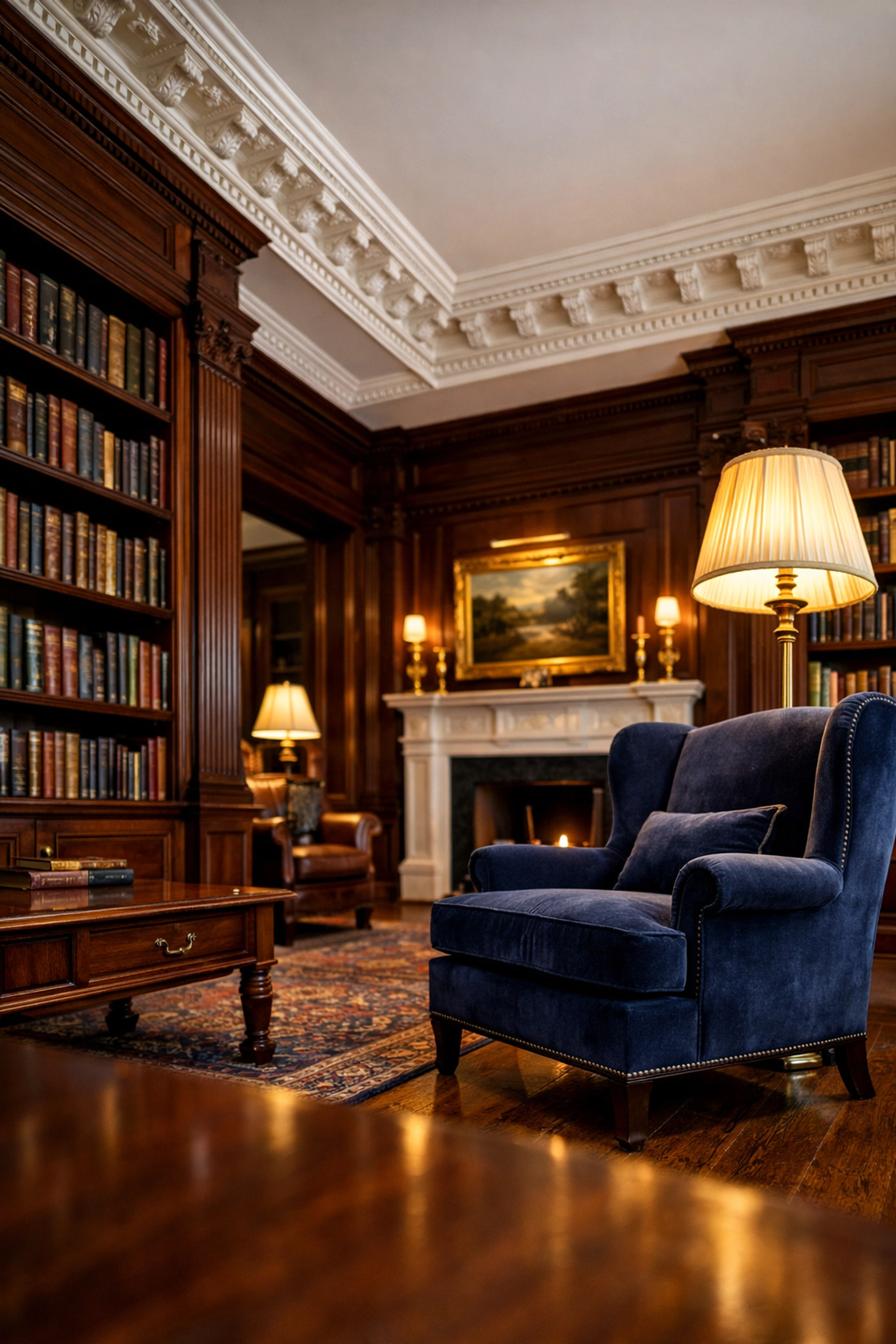 Meticulously cleaned historic Concord estate library featuring polished mahogany shelving and dust-free surfaces.