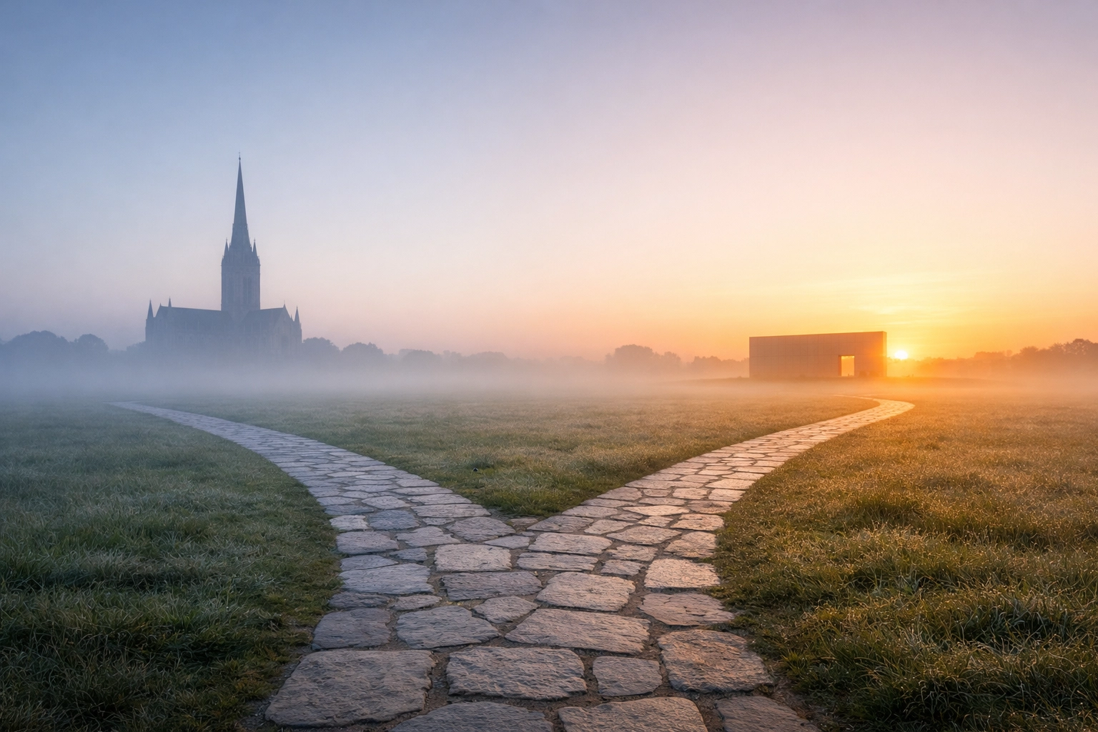 Two stone paths diverging toward a cathedral and a modern church, representing Anglican theological shifts.