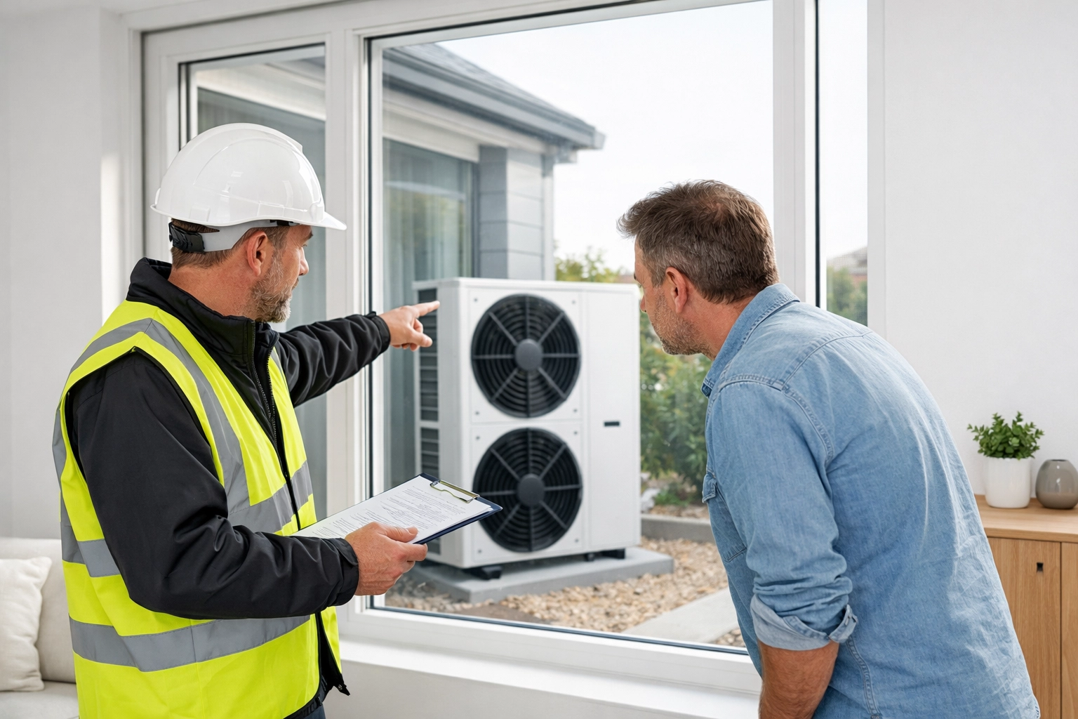 Property surveyor and owner inspecting a heat pump installation during an EPC C refurbishment project.