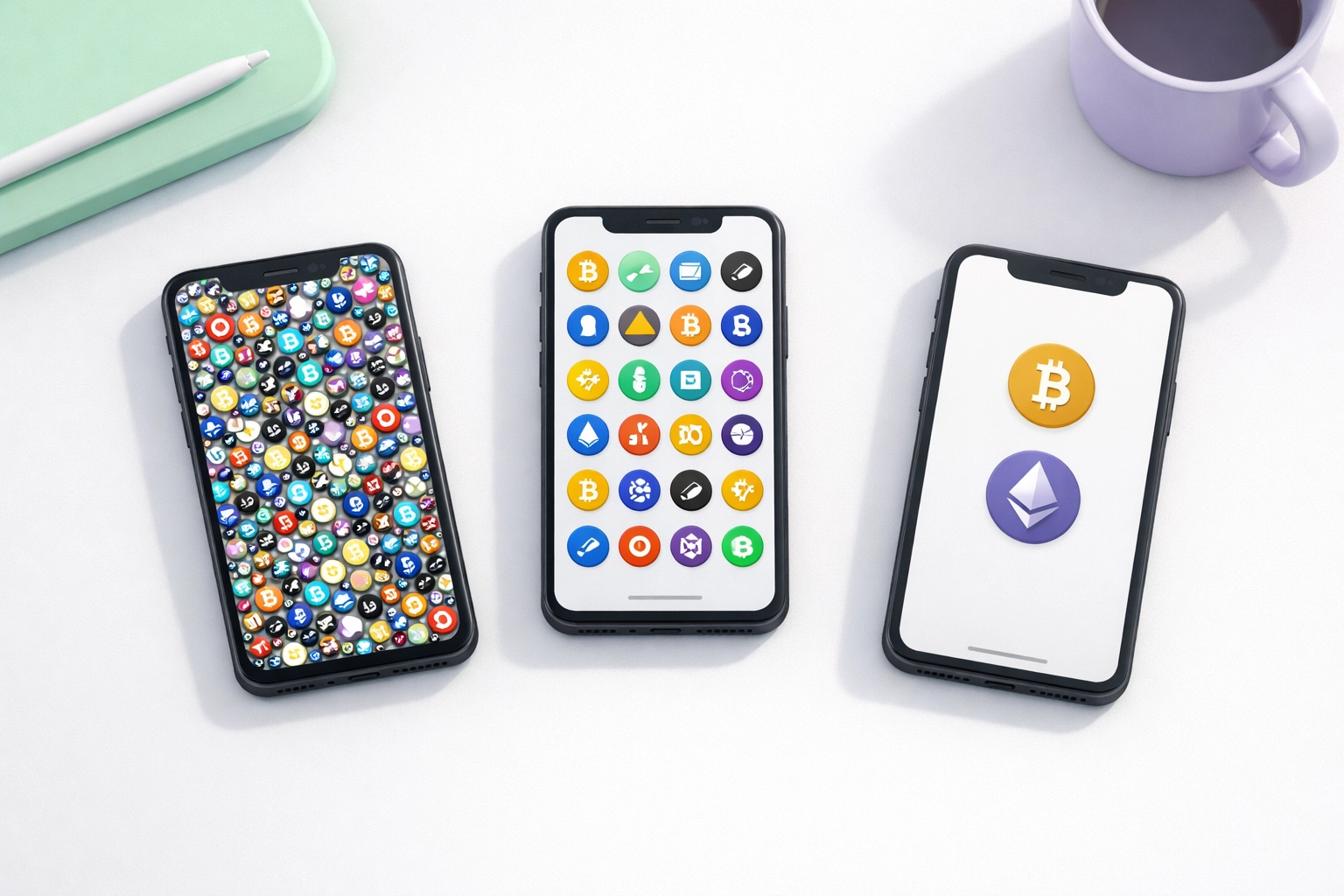 Simplified cryptocurrency interface comparison showing fewer tokens vs cluttered multi-coin support