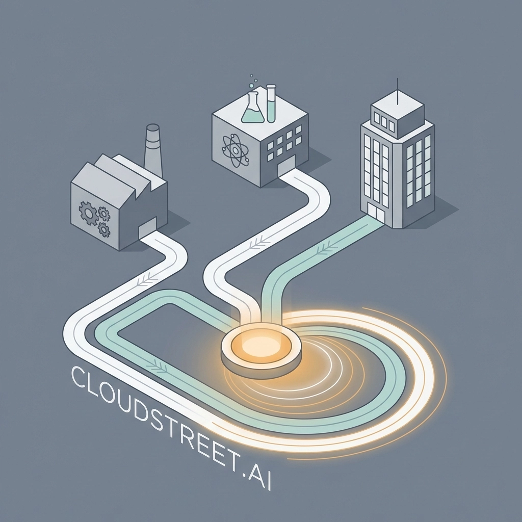 Illustration of unified data flow from manufacturing, lab, and office buildings into a central hub, symbolizing Salesforce Data Cloud harmonization