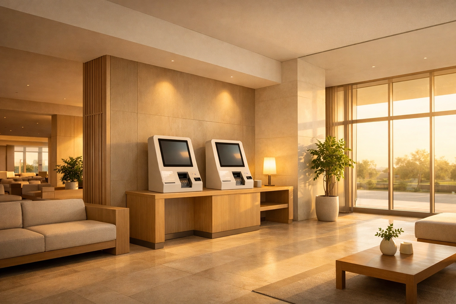 Contemporary hotel lobby featuring self-service kiosk station with natural lighting