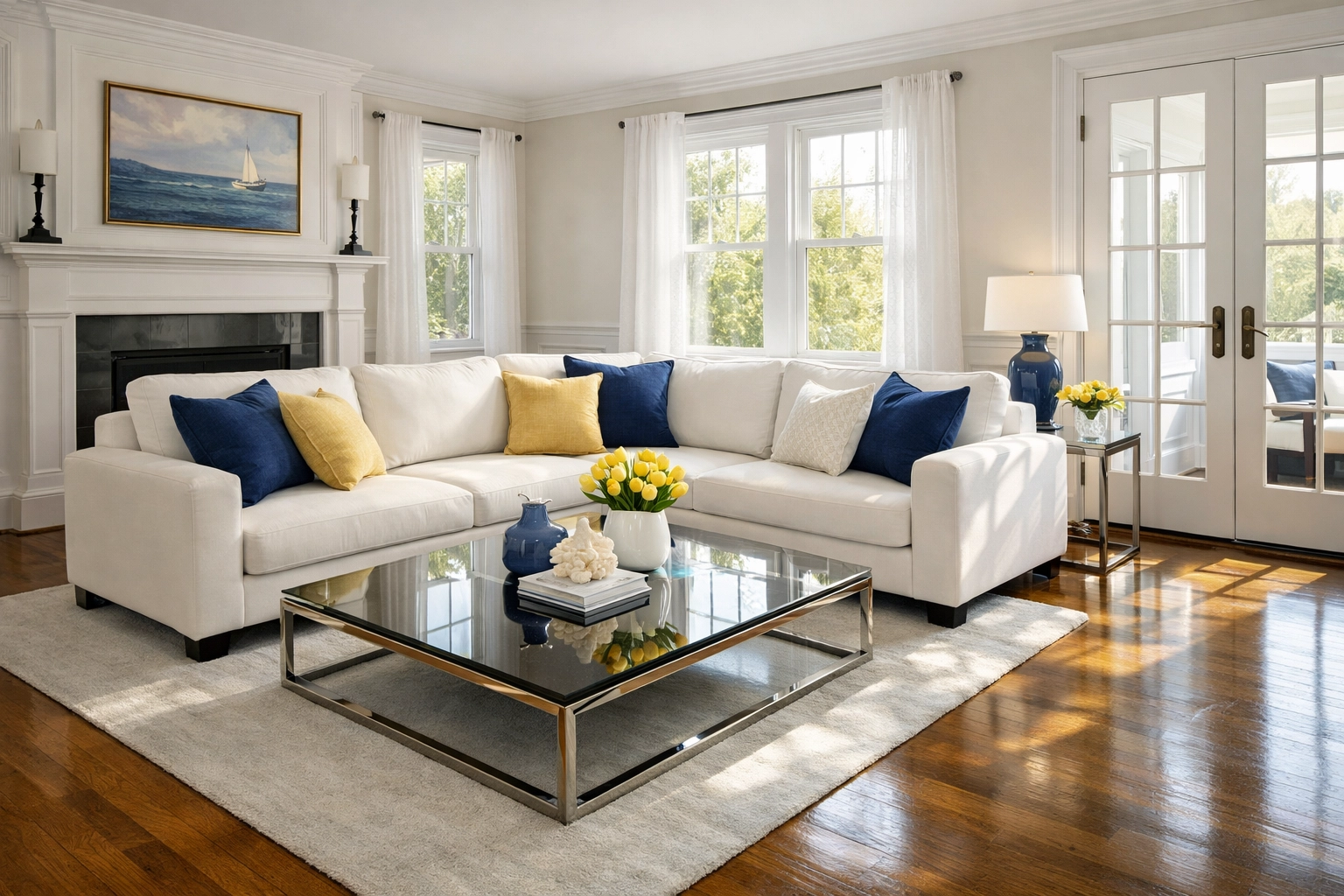 Professionally cleaned living room in Shirley MA featuring spotless hardwood floors and dust-free furniture.
