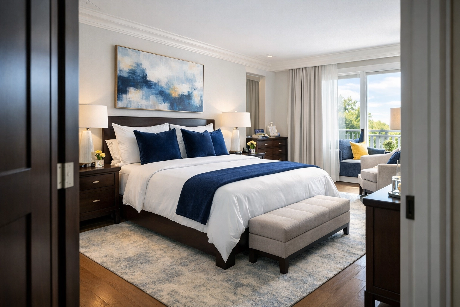 Sunlit master bedroom after a thorough deep clean from a top-rated cleaning services near me.
