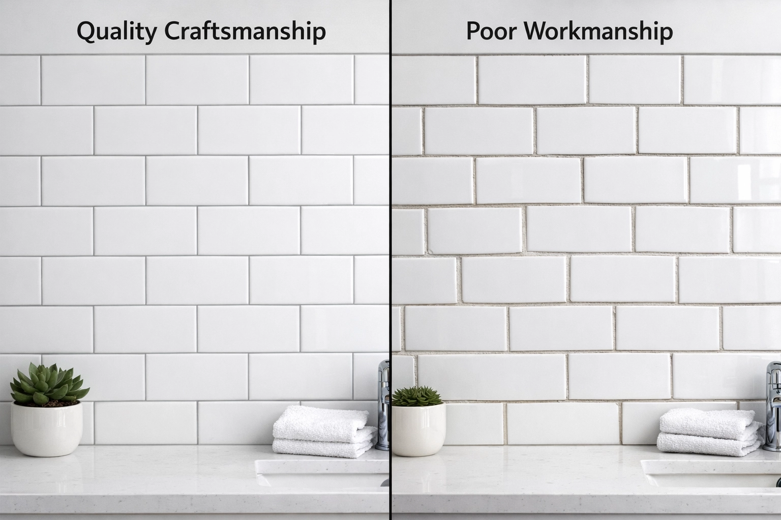 Quality tile installation versus poor workmanship comparison in bathroom remodel