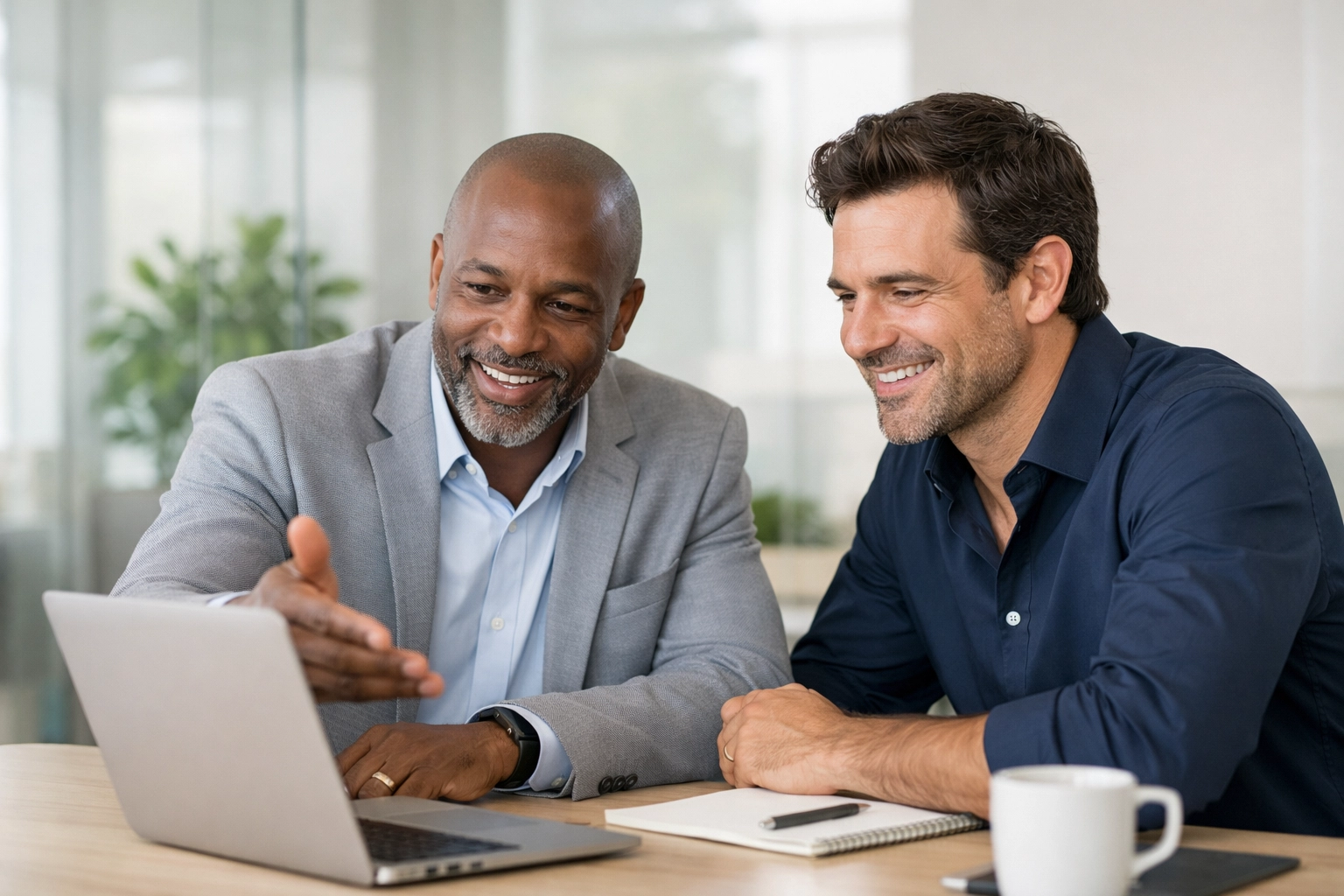 Startup partners discussing financial strategy and identifying burn rate red flags in a bright office.