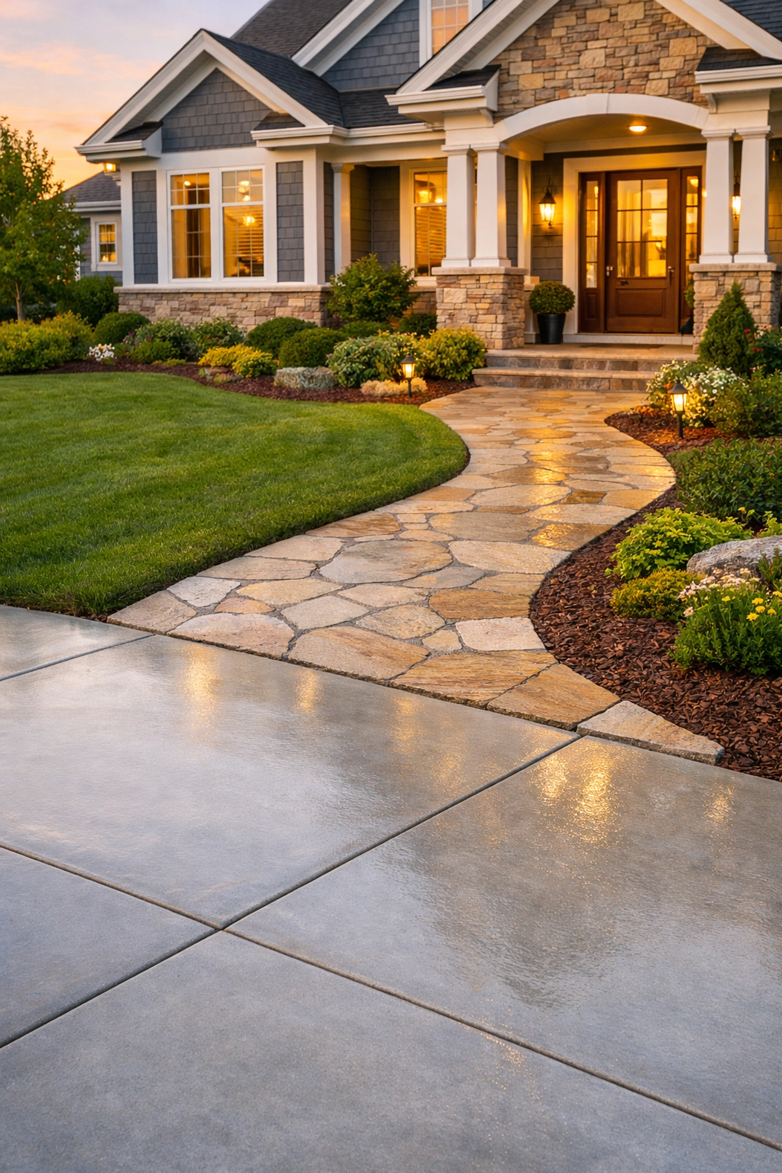 Clean concrete driveway and stone walkway of a suburban home after professional pressure washing.