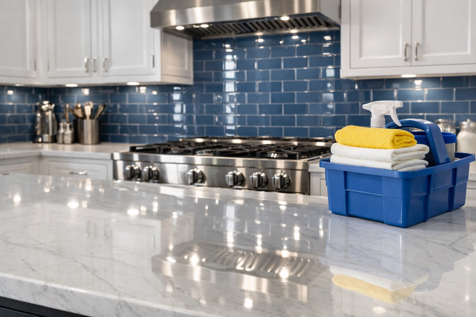 Luxury Leominster kitchen with a clean marble island and stovetop after a professional deep cleaning service.