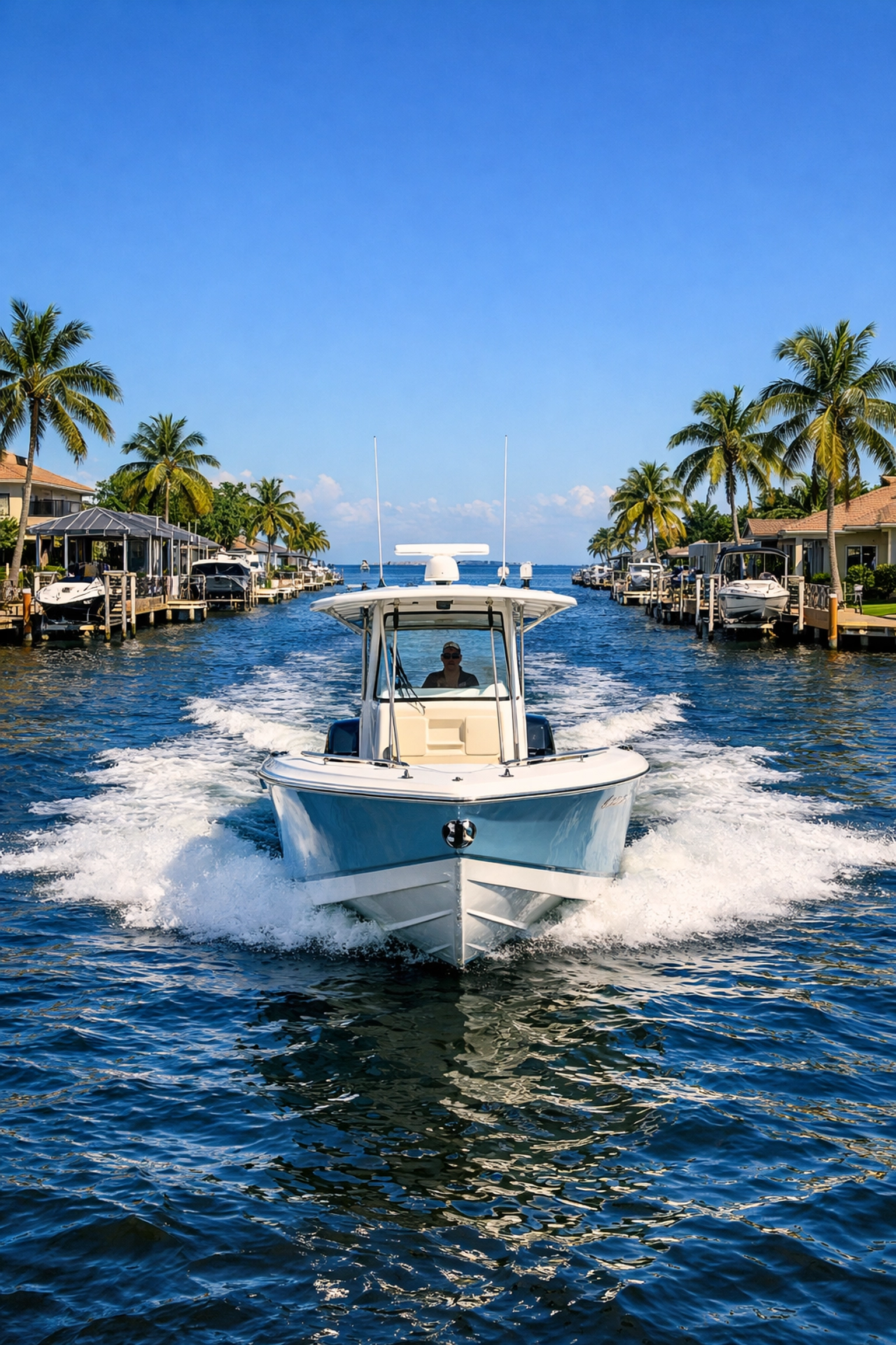Boating through a saltwater canal lined with beautiful SWFL waterfront homes.