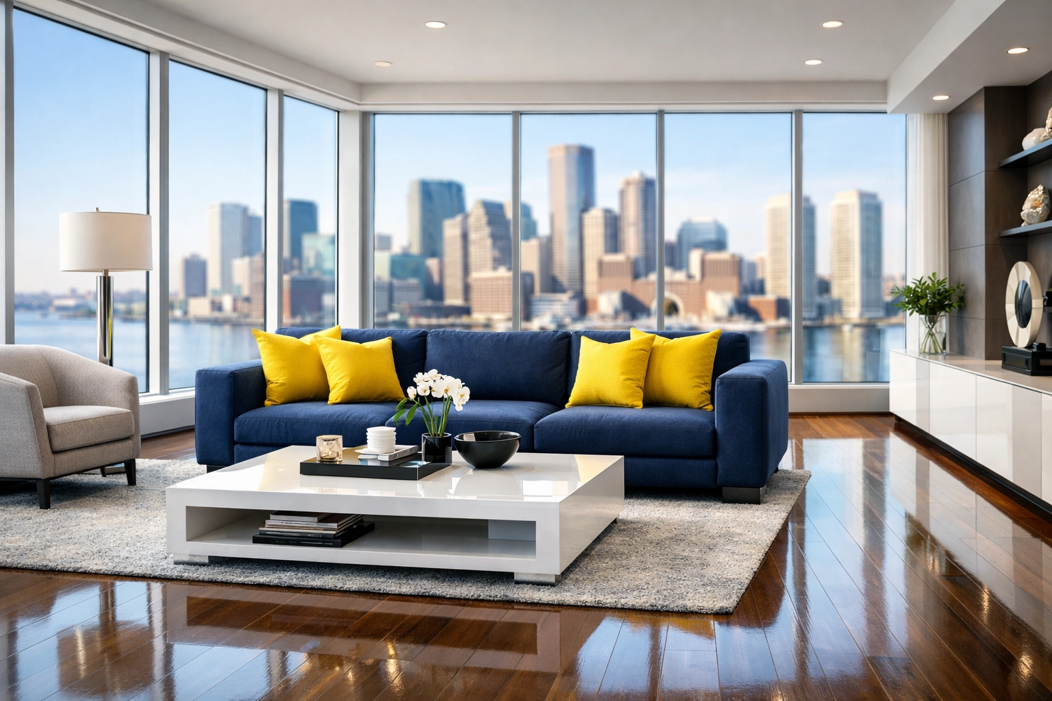 Spotless luxury living room in Boston following a comprehensive post-construction cleaning MA service.
