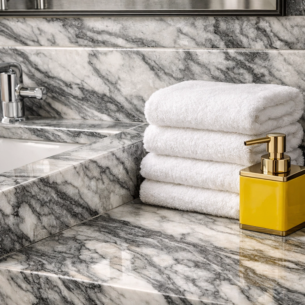 Polished marble vanity showing safe surface care for high-end deep cleaning Pepperell homes.