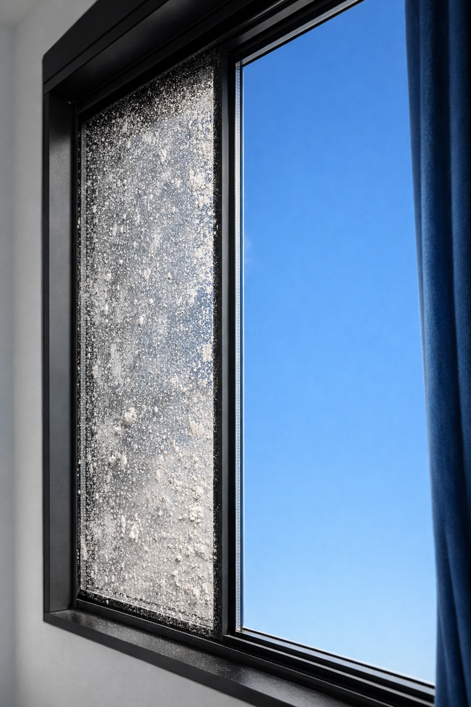 Window half covered in white construction dust and half cleaned to a streak-free finish.