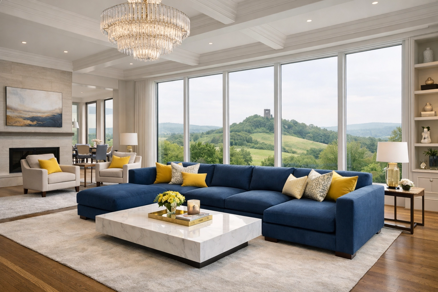 Immaculate living room in a luxury Massachusetts manor, perfectly maintained via weekly Groton estate maintenance.