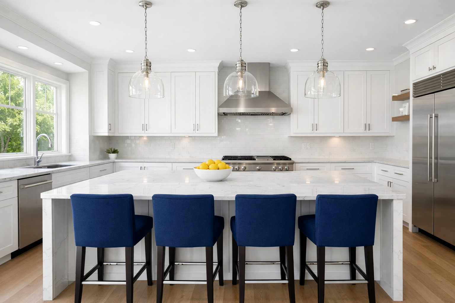 Clean modern kitchen in Wayland MA with white cabinets and marble counters showing standard cleaning results.