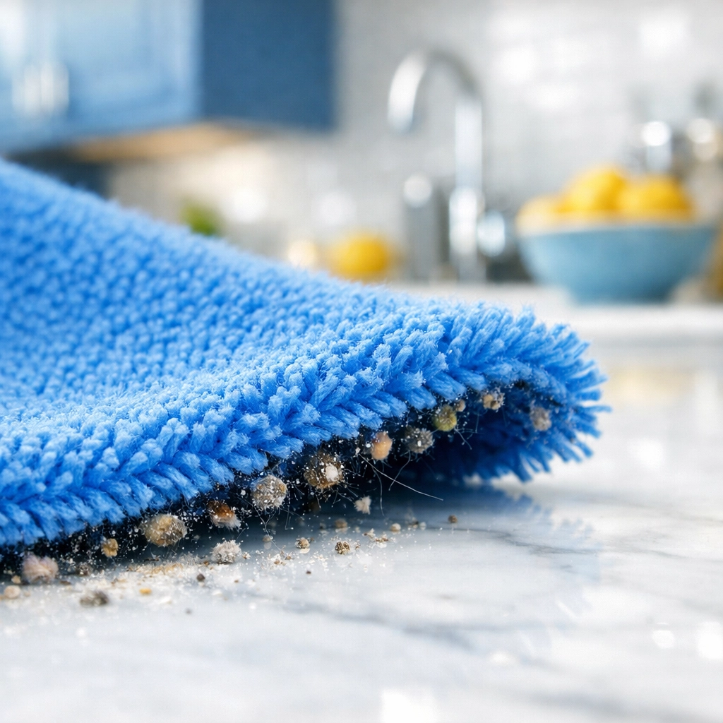 Close-up of a microfiber cloth capturing allergens and dust on a kitchen countertop for better air quality.