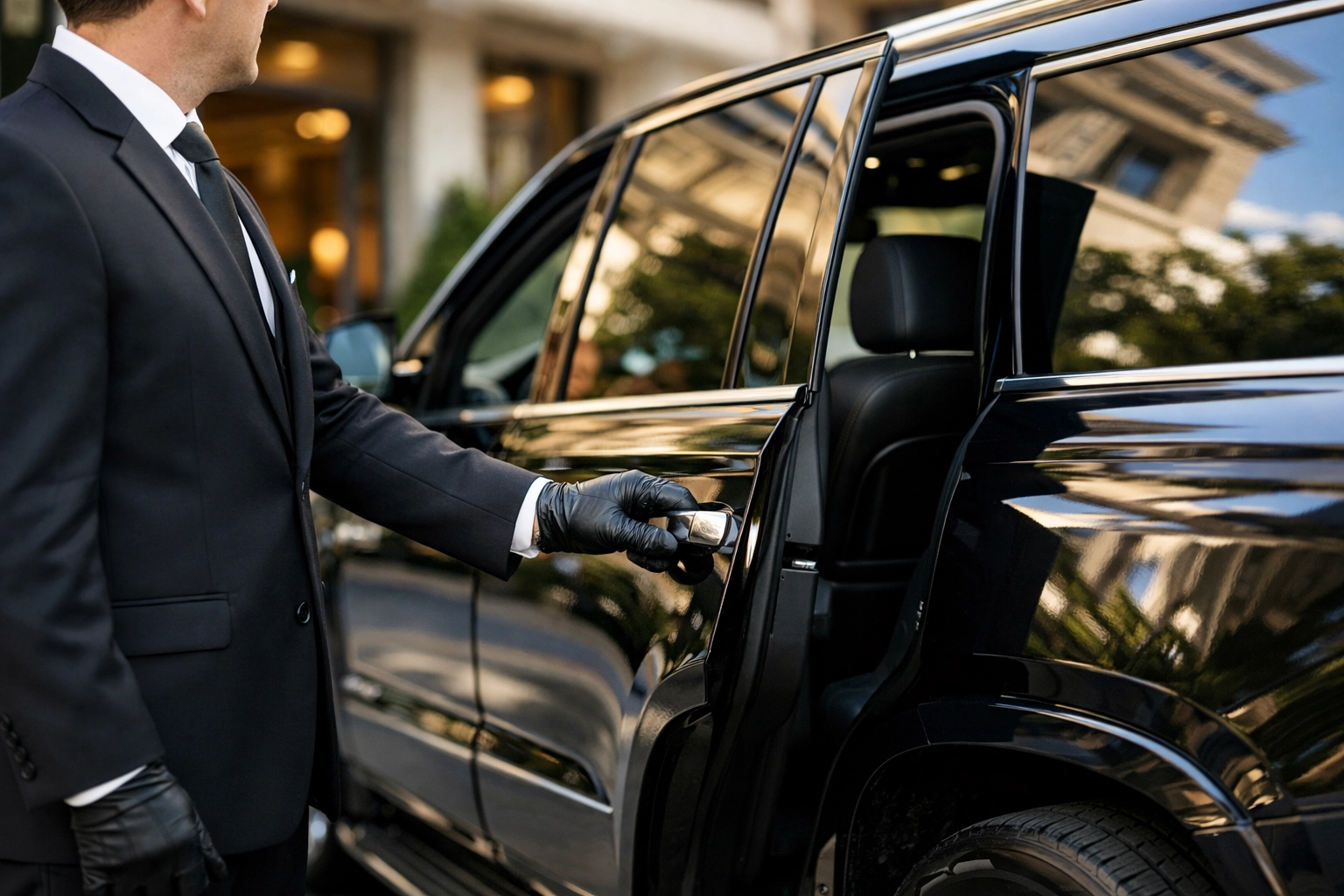 Professional chauffeur opening a luxury SUV door for executive ground transportation at a high-end hotel.