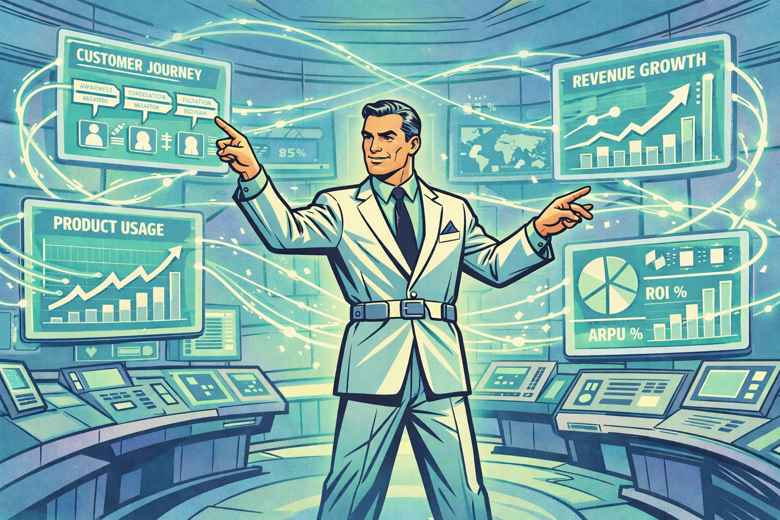 AI revenue operations control center with unified data streams and predictive analytics dashboards