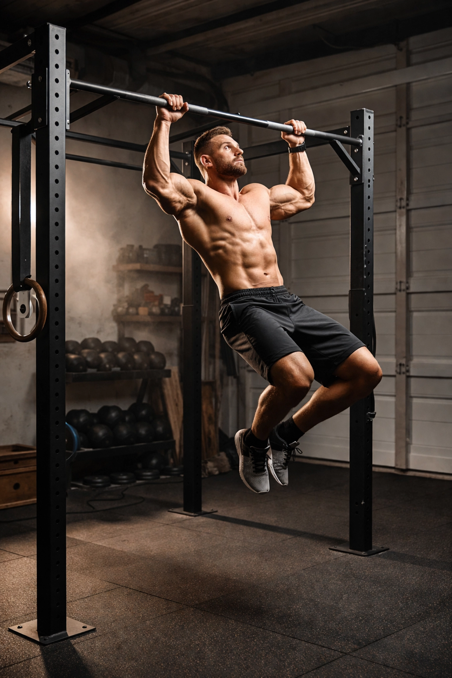 CrossFit athlete doing kipping pull-up on versatile home gym calisthenics equipment