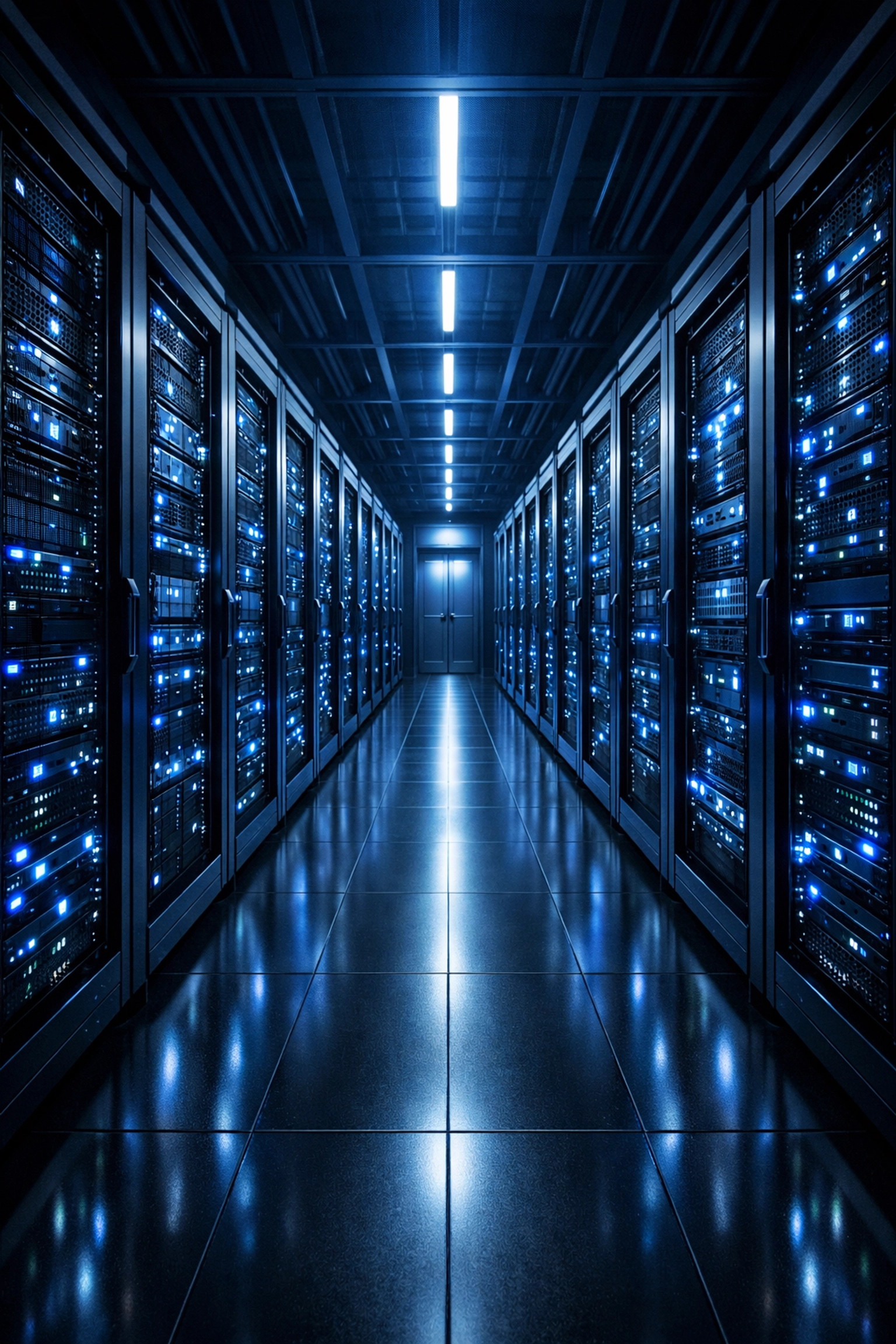 Modern data center server room with organized infrastructure for custom applications