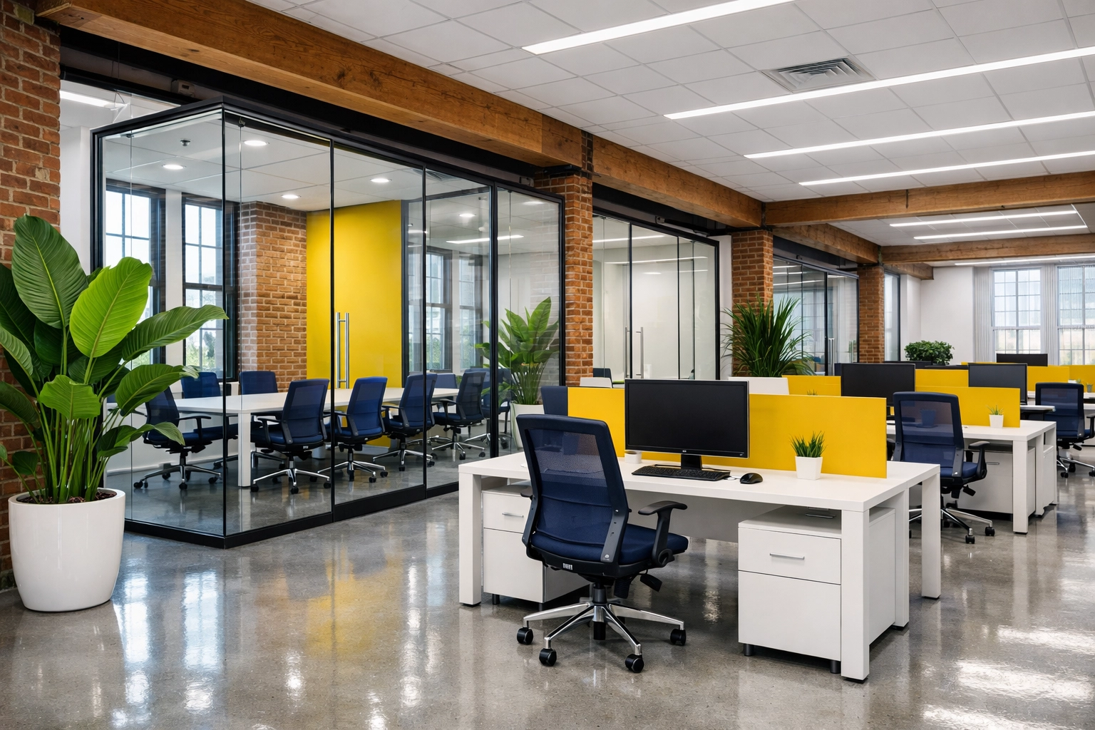 A spotless, eco-friendly commercial office space maintained by green cleaning services Lowell MA.