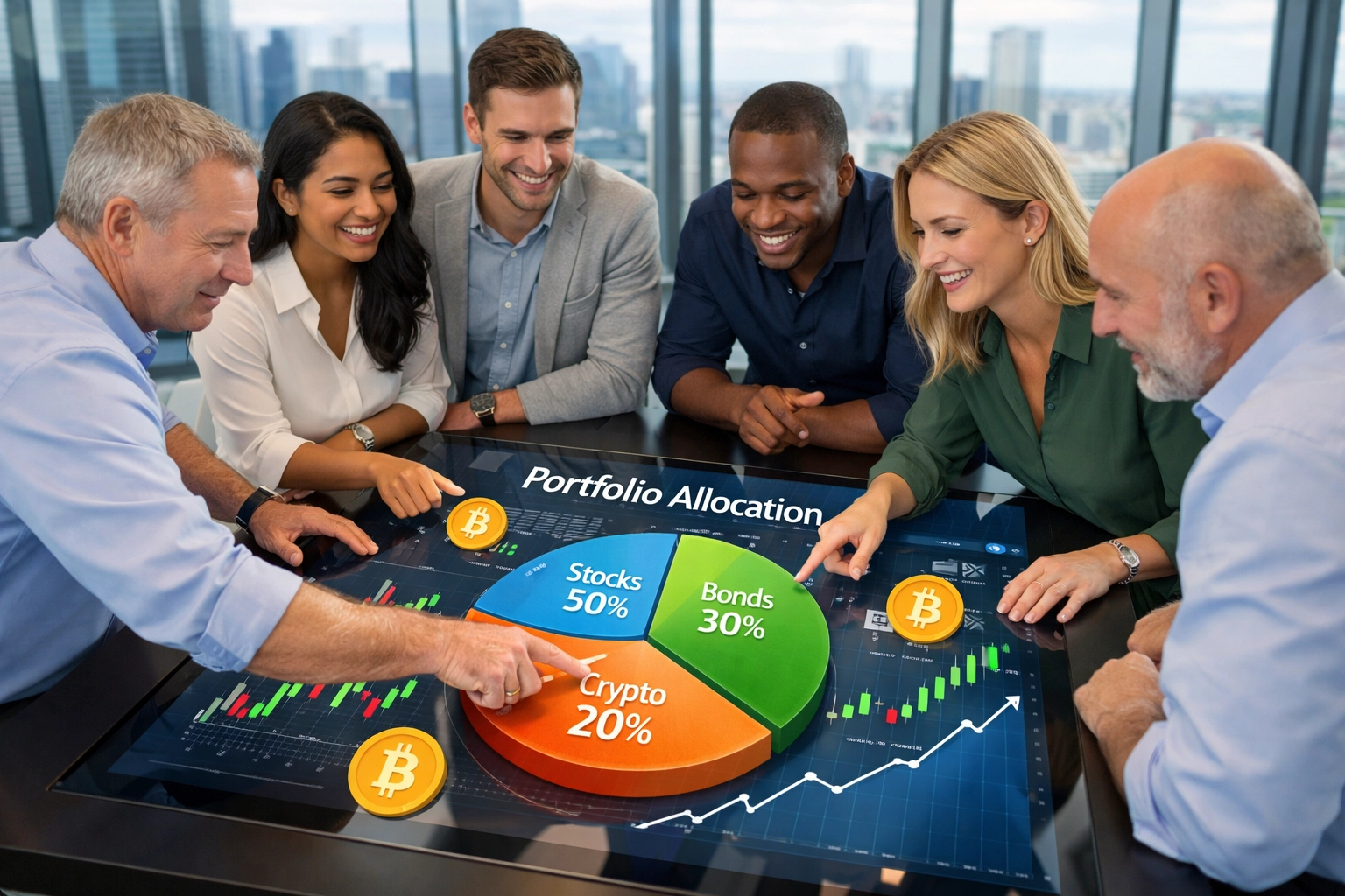 Accredited investors reviewing 40/30/30 portfolio allocation strategy with Bitcoin integration