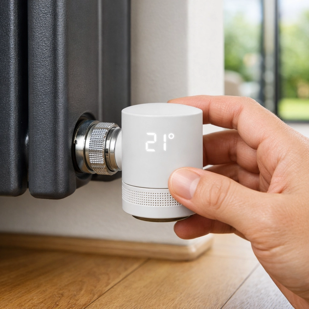 Adjusting a smart thermostatic radiator valve on a modern anthracite radiator in a home extension.