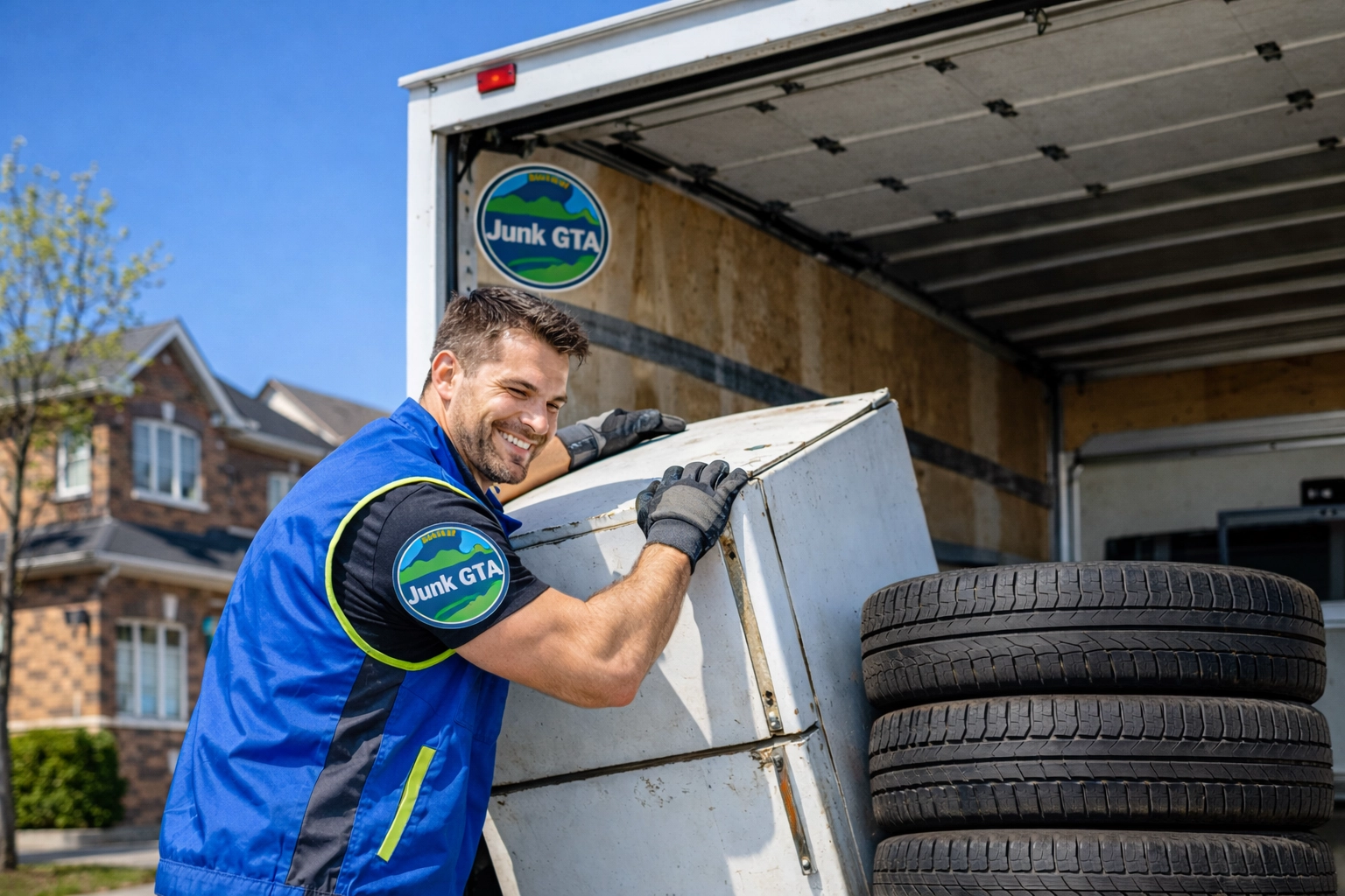 Junk removal Aurora: Roman loading heavy items into a truck for professional garage decluttering.