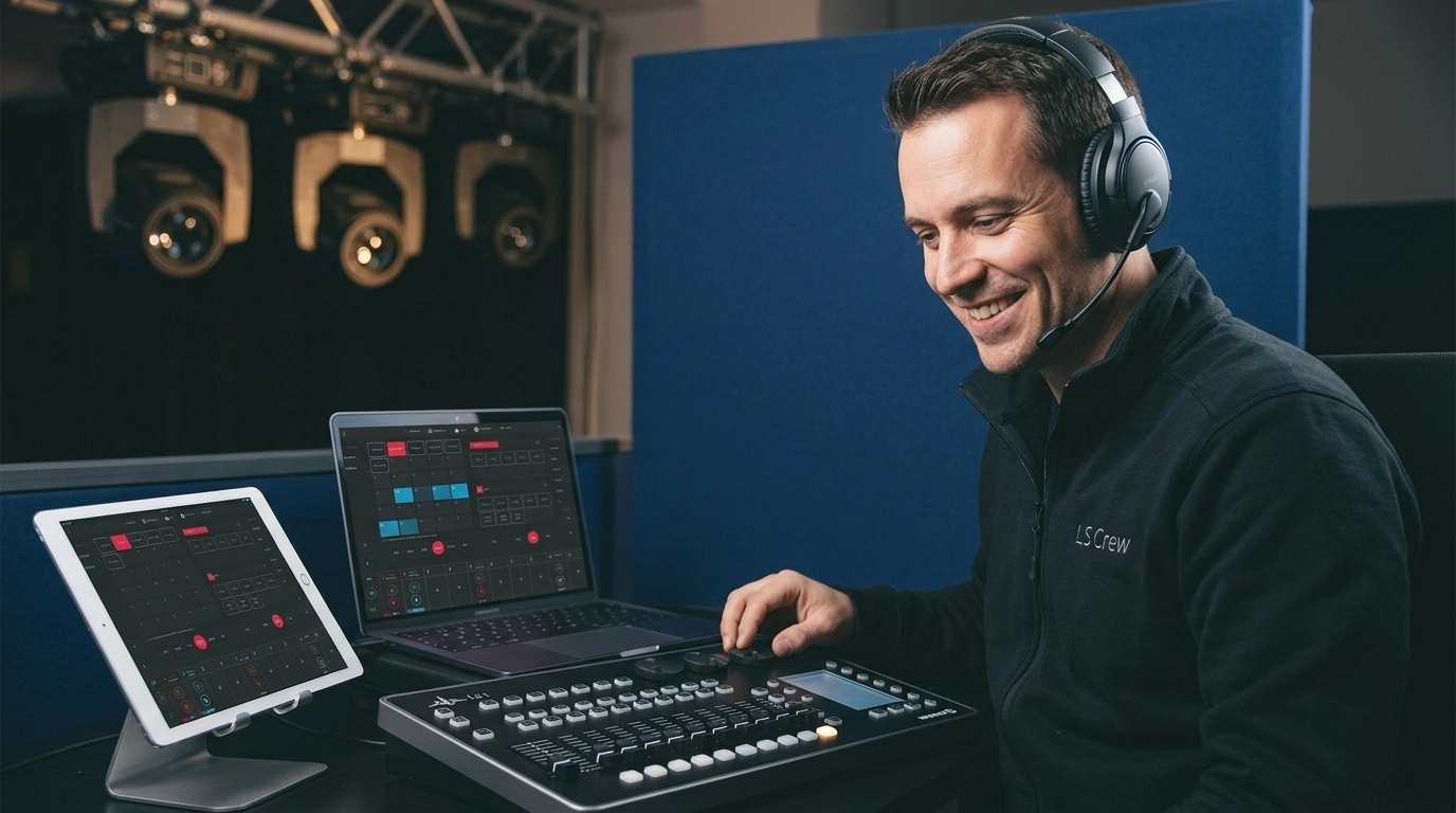 A professional technician providing human-to-human support for a stage lighting system.