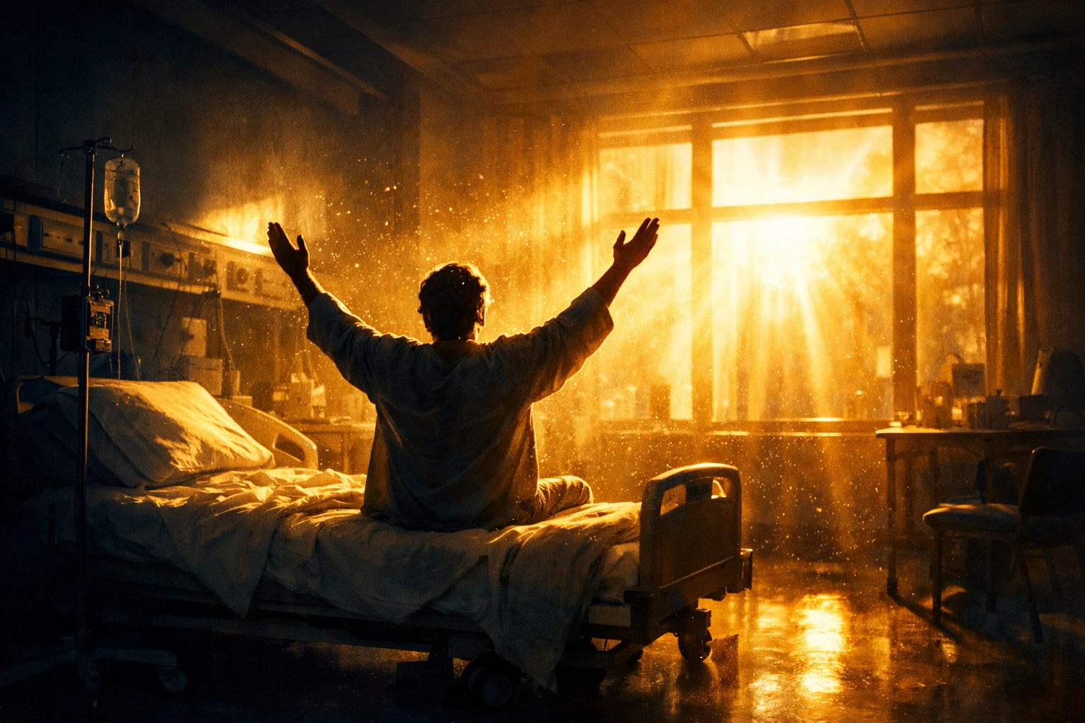 مردی در اتاق بیمارستان دستش را با امیدواری بالا برده است که نمادی از ایمان و معجزات شفای مدرن است.