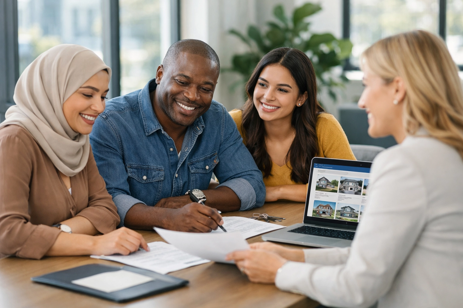 Diverse homebuyers meeting with real estate agent reviewing property listings and documents