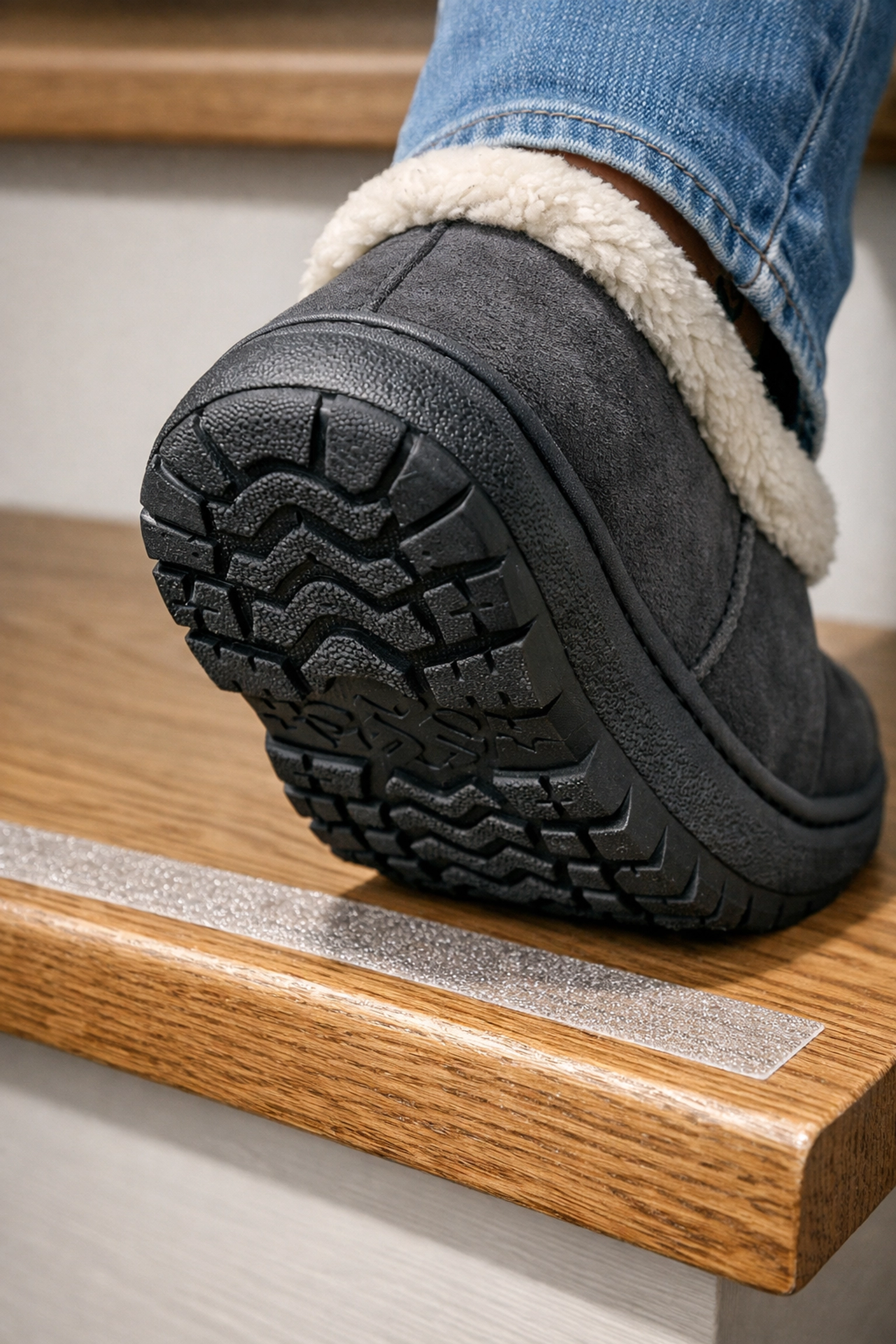 Person wearing non-slip slippers stepping on a wooden stair tread with an anti-slip grip strip.