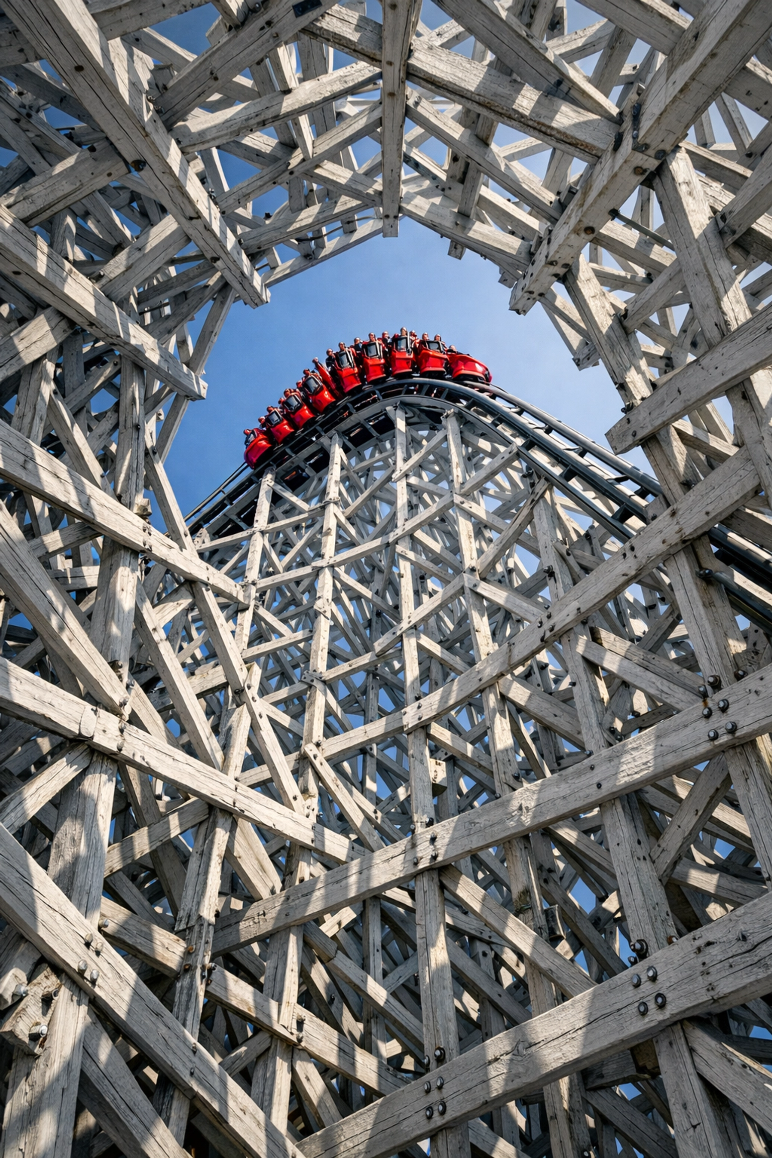 The Ultimate Nagashima Spa Land Photography Guide 2026: Everything You Need to Succeed 4 Detailed low-angle view of the Hakugei hybrid coaster's wooden structure in Mie, Japan.