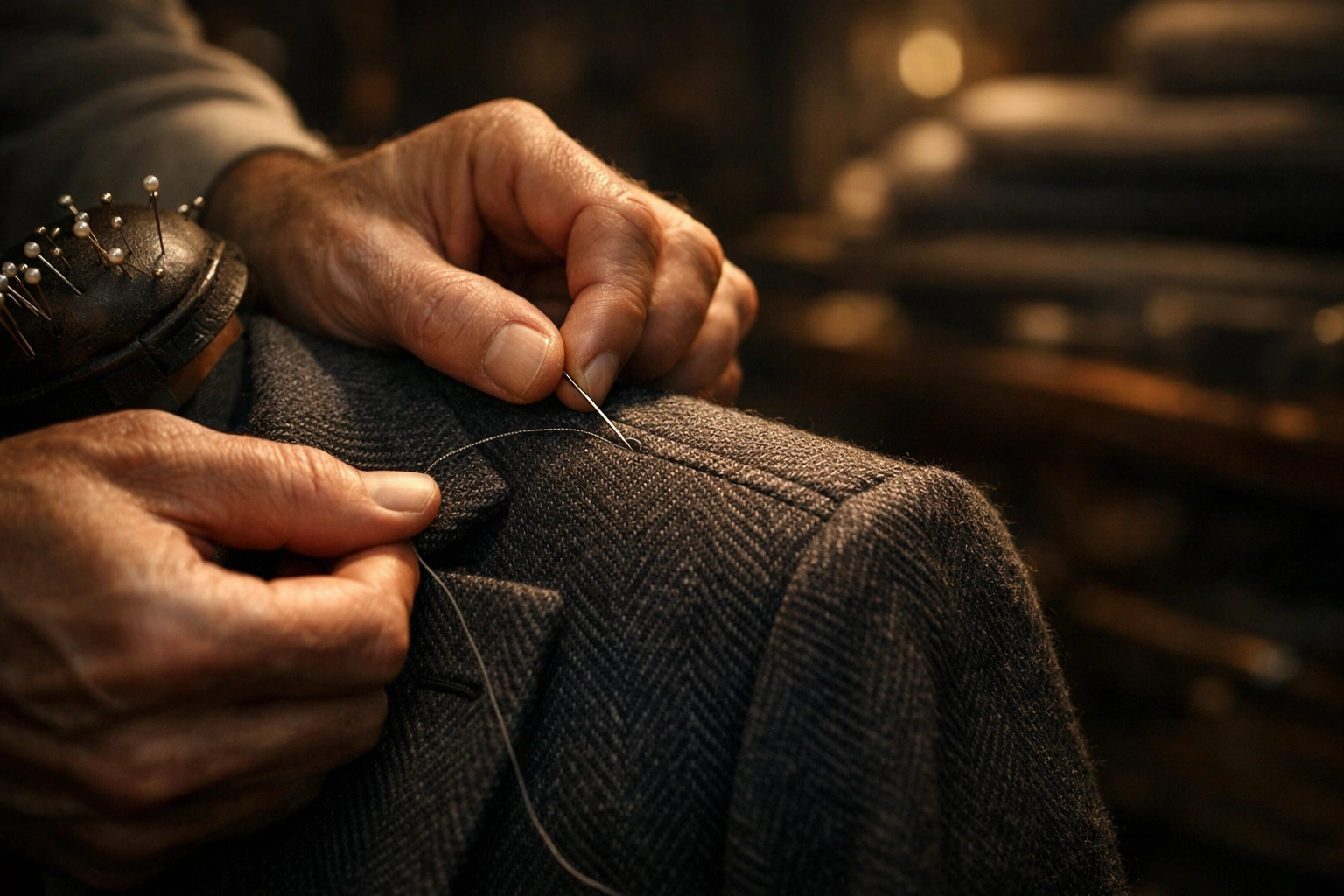 Professional tailor's hands adjusting the seam of a structured charcoal wool blazer for a perfect fit.