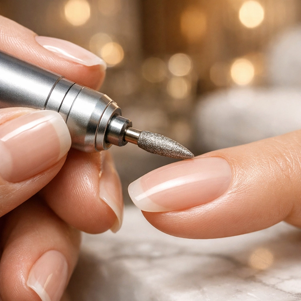 Professional nail technician performing a precision Russian e-file manicure using a diamond bit.