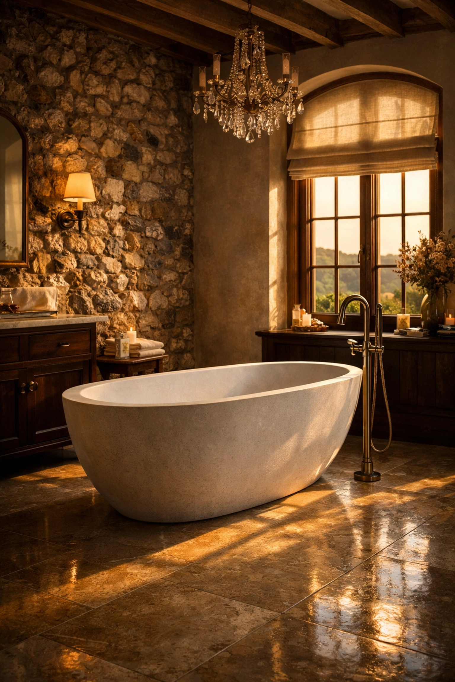 Luxury bathroom renovation in West Sussex featuring a freestanding bathtub and flint-stone wall.