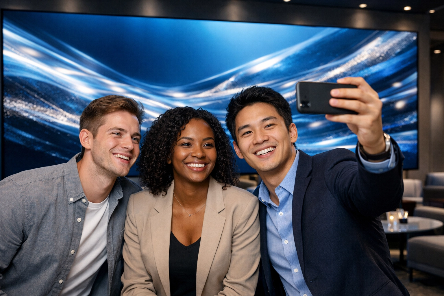 Event attendees using high-tech digital media assets to create and share social content at a corporate venue.