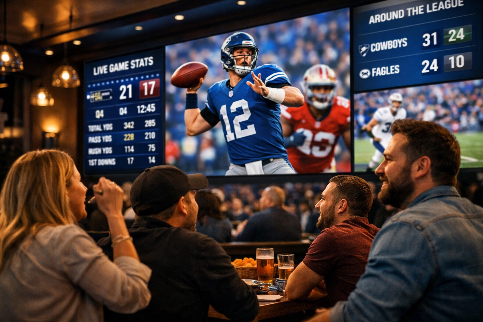 Excited fans in a sports lounge watching live game statistics on synchronized digital displays.