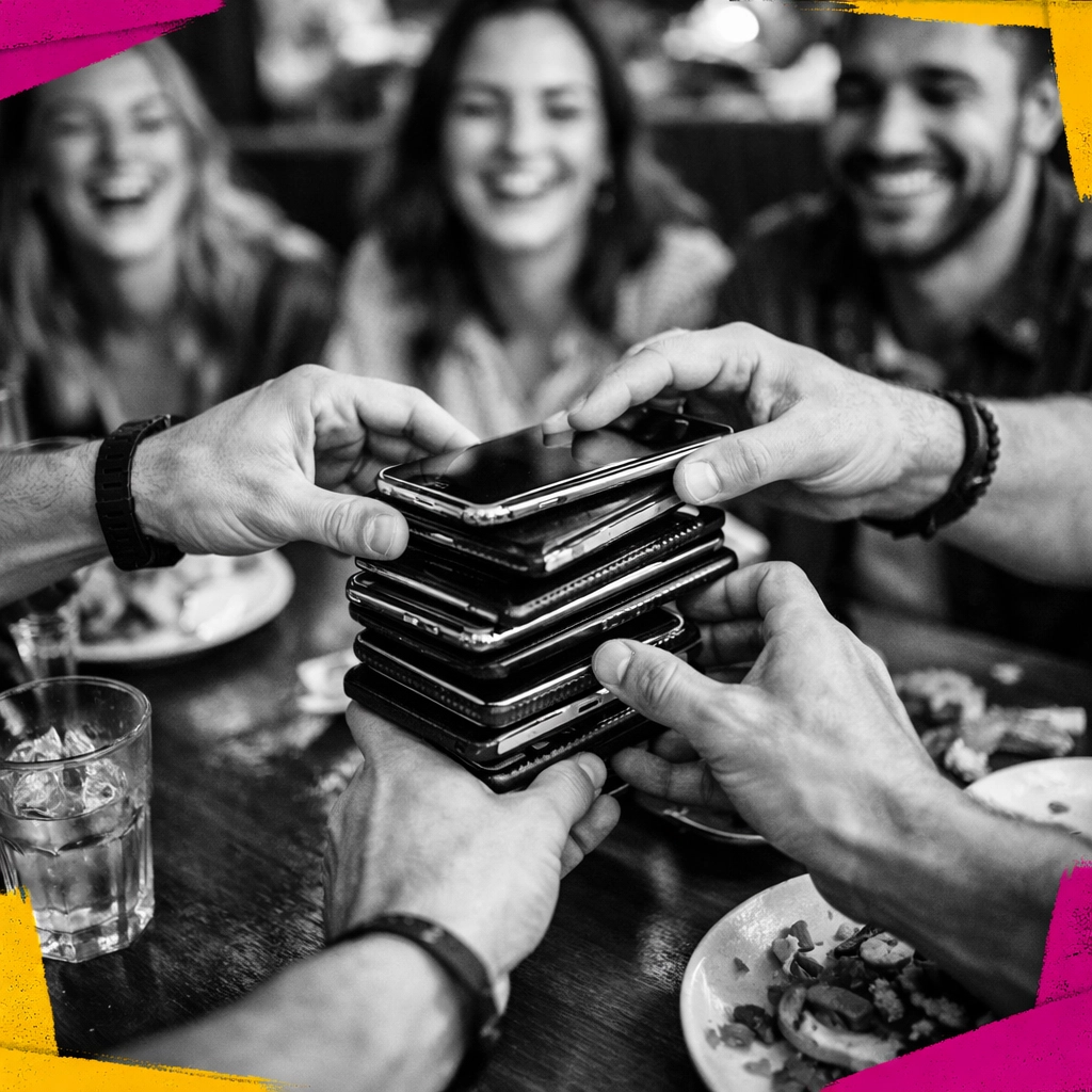 Friends creating phone-free zone by stacking smartphones at restaurant dinner table