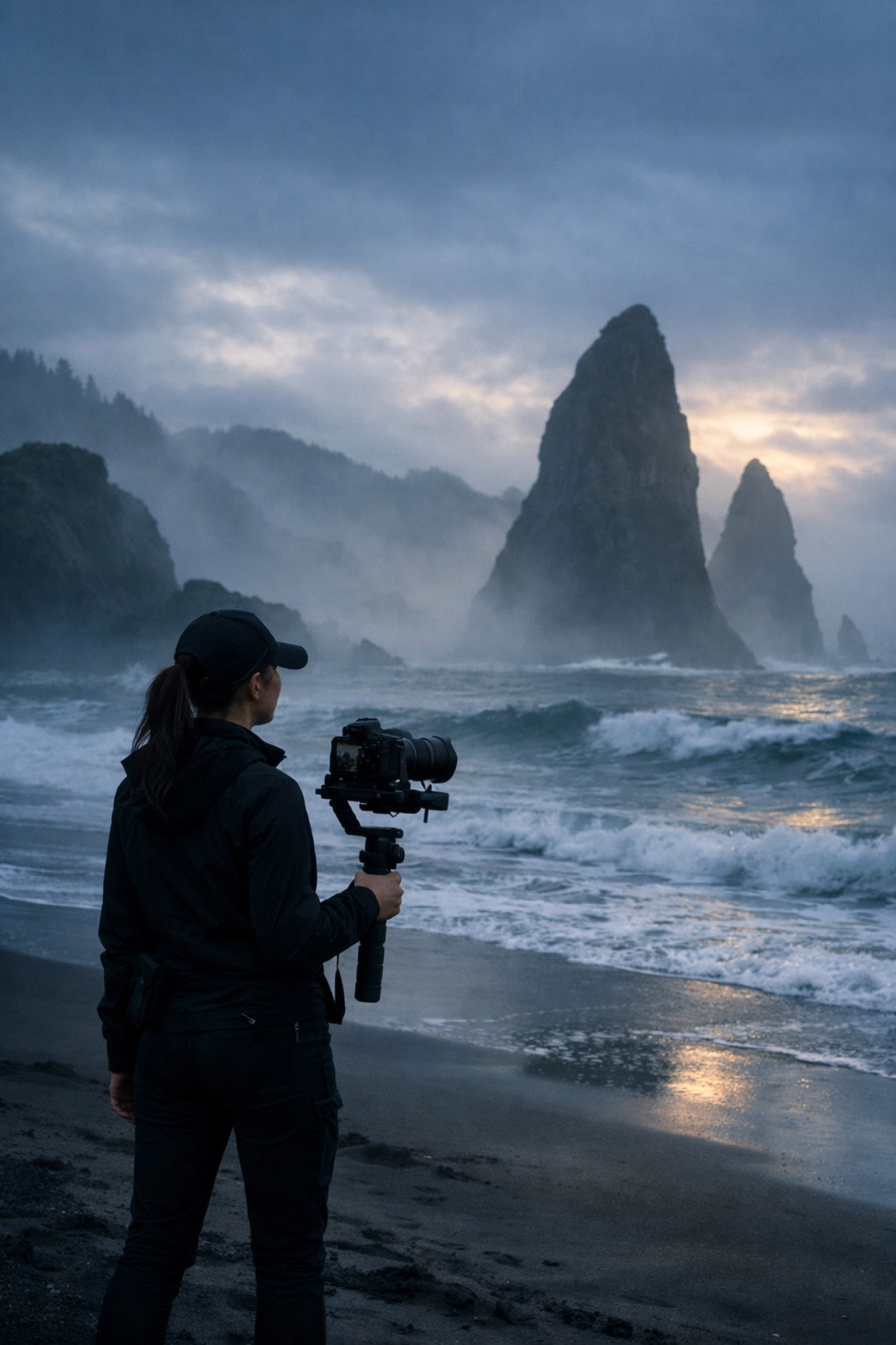 Oregon coast wedding videographer filming on misty beach with dramatic sea stacks in background