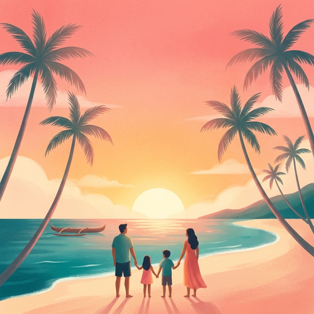 Minimalist illustration of a Hawaiian sunset with palm trees, evoking Lilo and Stitch's family-friendly adventure.