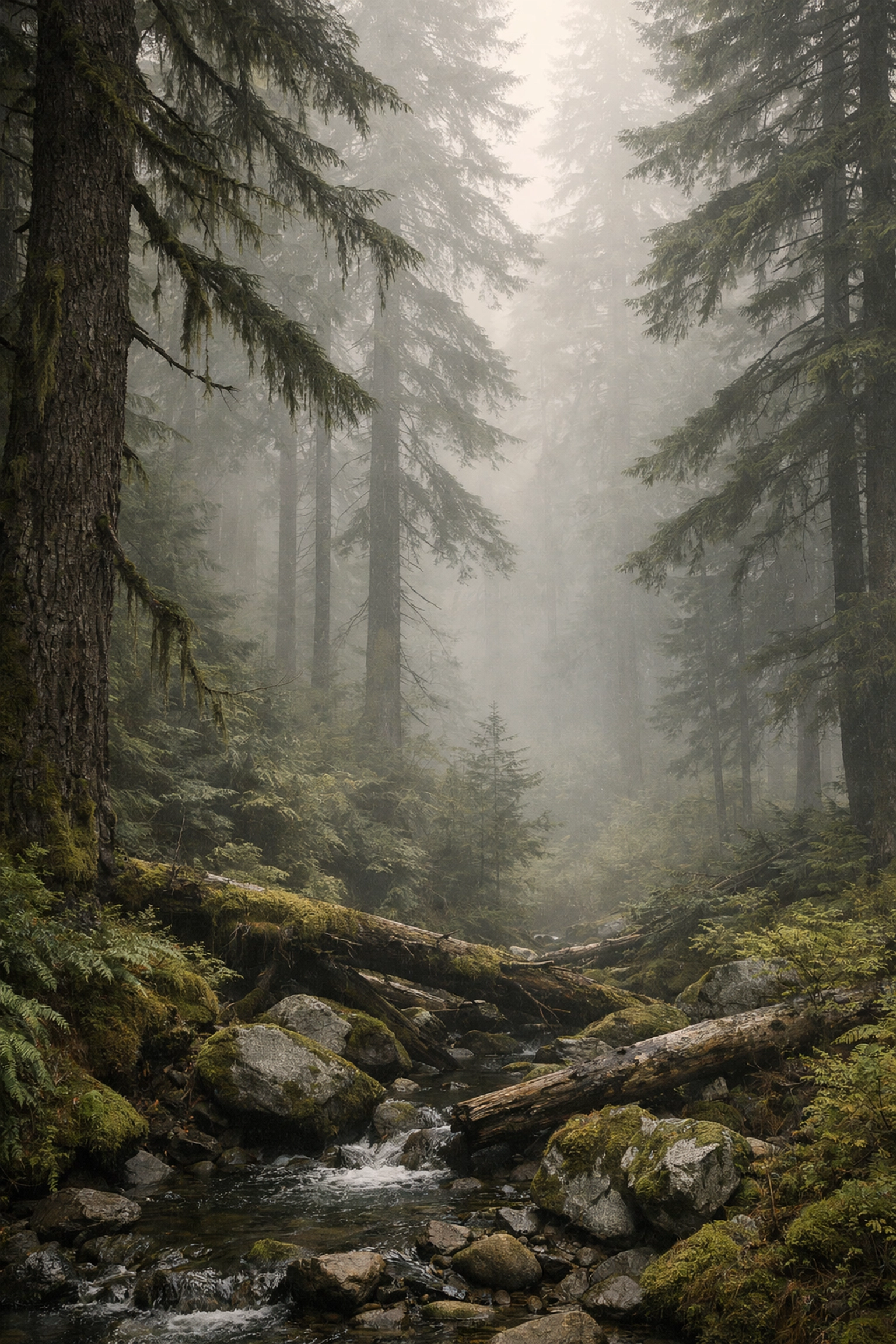 Natural editing on a misty pine forest scene to avoid over-processing in landscape photography.