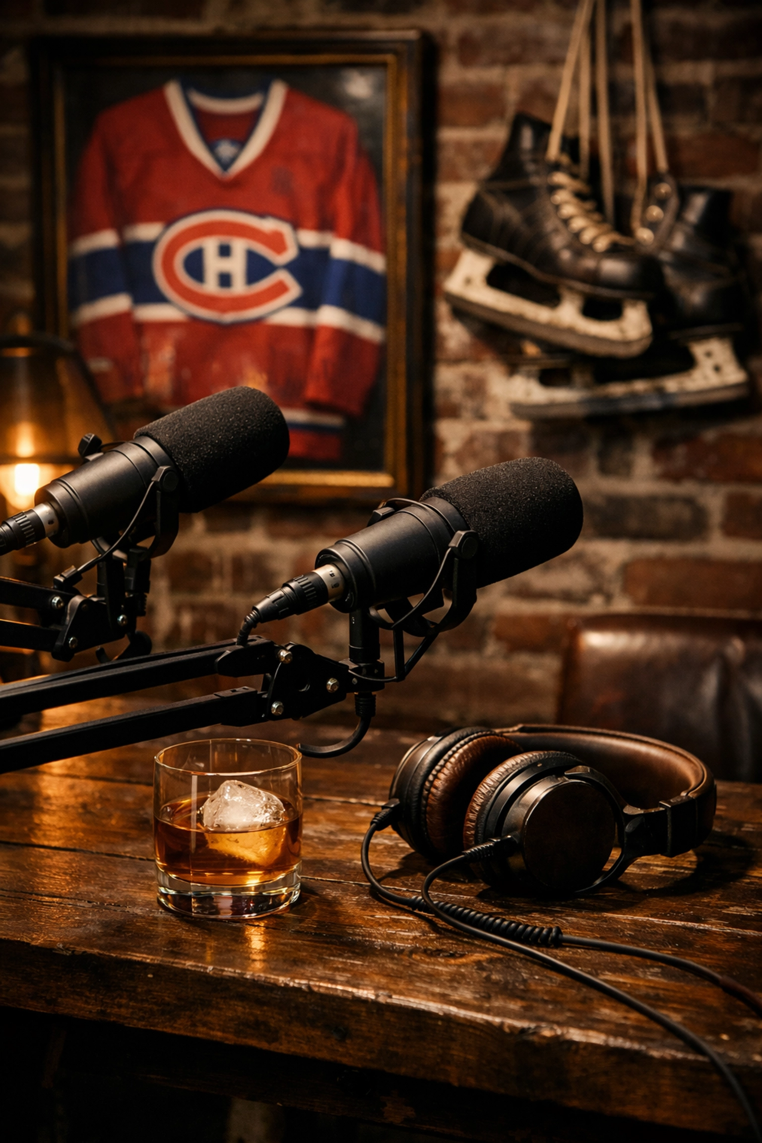 Professional podcast microphones and a Montreal Canadiens jersey in a rustic studio setting.