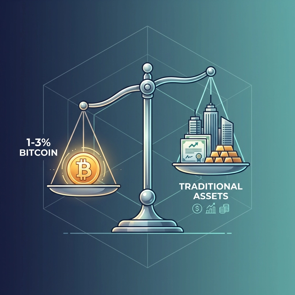 Balanced scale with Bitcoin coin and traditional assets, representing optimal 1-3% Bitcoin allocation for portfolio diversification