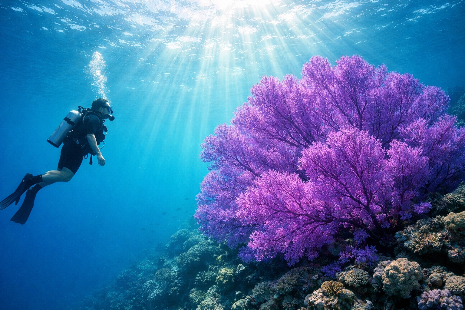 Scuba diver exploring vibrant purple soft coral in Fiji during a world cruise port excursion.
