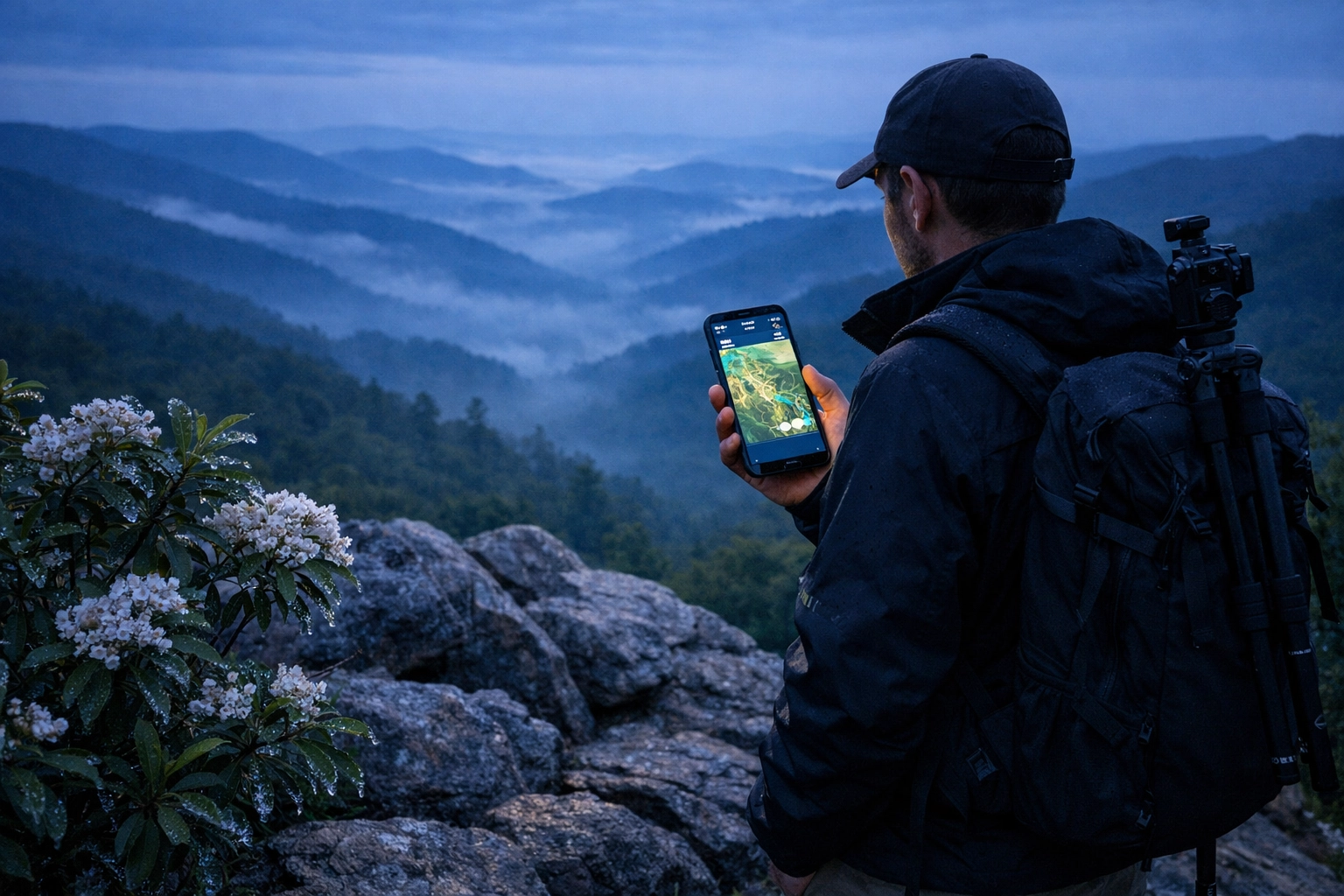 Photographer scouting the best photography locations in the Blue Ridge Mountains at dawn.
