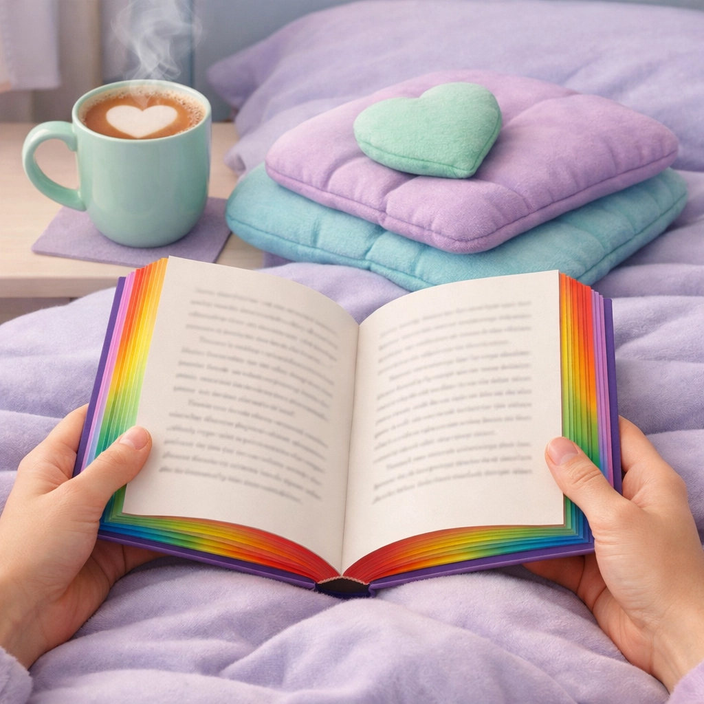 A cozy reading nook with a rainbow-edged book and tea, perfect for neurodivergent queer readers to unmask.
