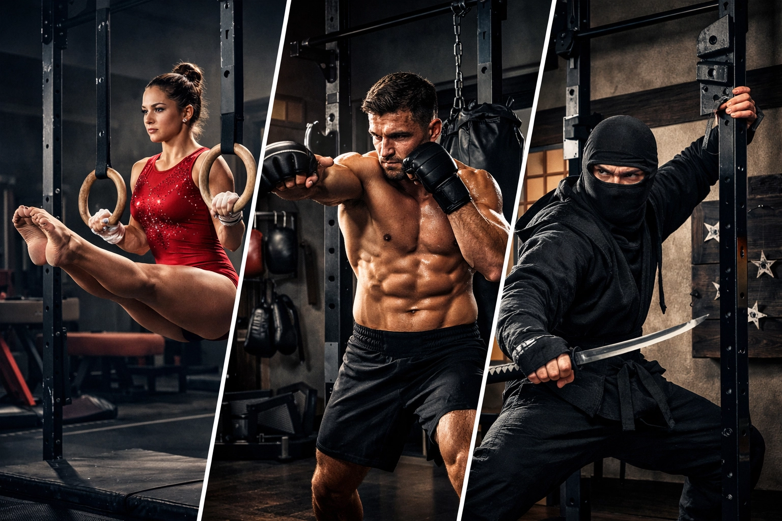 Gymnasts and fighters using versatile calisthenics equipment for home in various indoor gym settings.