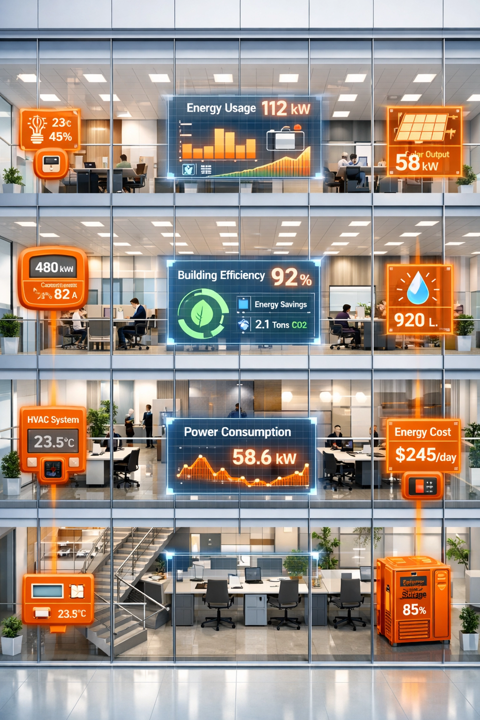 Integrated energy monitoring and building automation in multi-floor commercial property