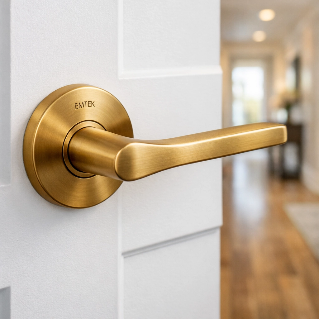 Elegant Emtek satin brass lever handle on a white interior door for luxury NJ home millwork.
